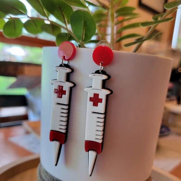 Nurse Life Fun Lightweight Drop Dangle Earrings, phlebotomy, vaccine - Picture 2 of 5